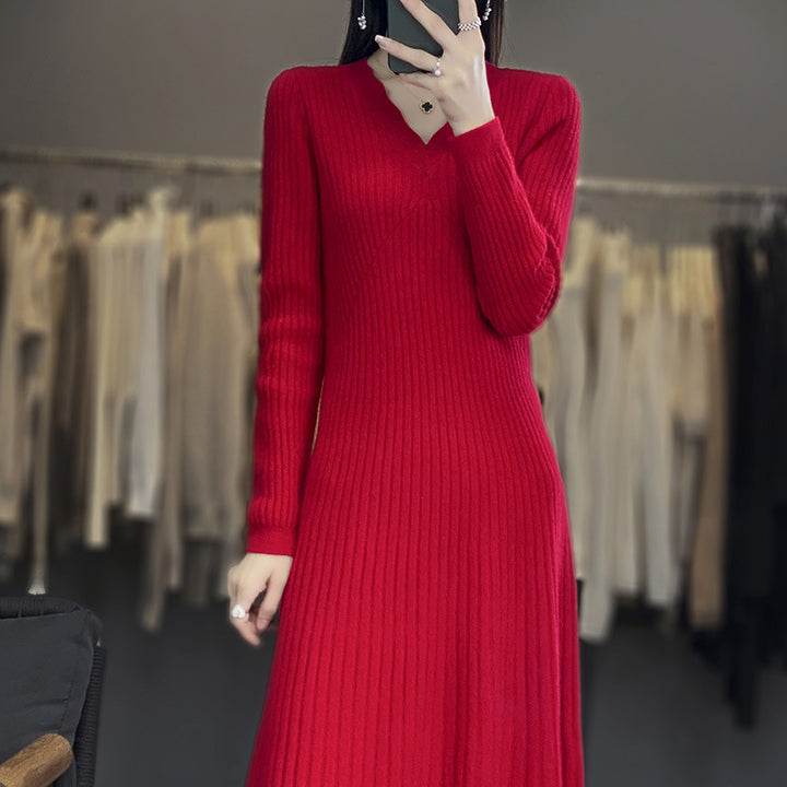 Damen Langes geripptes Strickmidikleid mit taillierter Silhouette und A‑Linien-Rock Echoarchiv