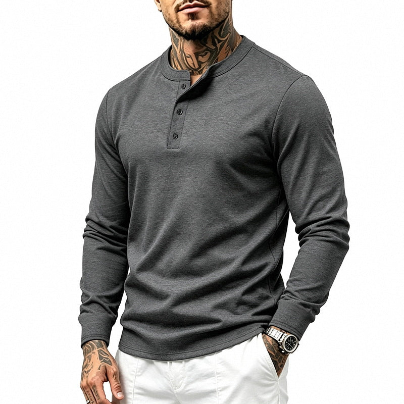 Herren Slim-Fit Henley-Langarmshirt aus Baumwoll-Jersey mit Knopfleiste – Marzano