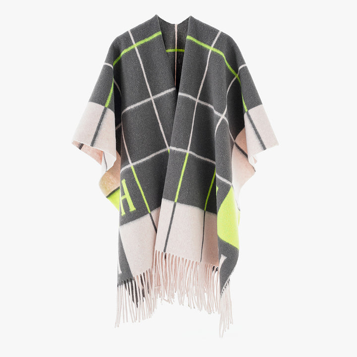 Damen Oversize-Überwurf aus Wollmix mit Monogramm-Karomuster und Fransensaum Echo Archiv