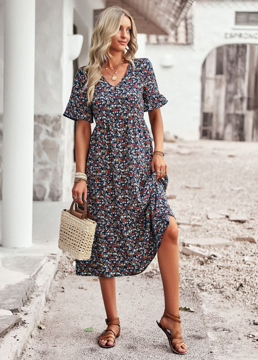 Damen Midikleid mit floralem Muster und A-Linien-Schnitt Echo Archiv