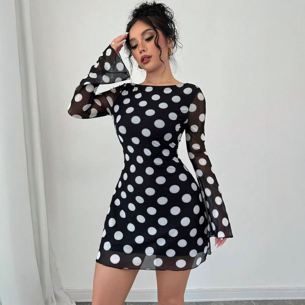 Damen nan figurbetontes transparentes Netz-Minikleid mit tiefem Rückenausschnitt und Punktmuster Echo Archiv