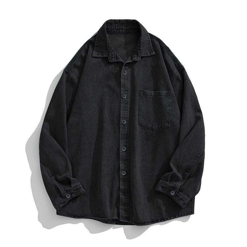 Unisex Locker geschnittenes Denim-Hemd mit Brusttasche und abgerundetem Saum Echo Archiv