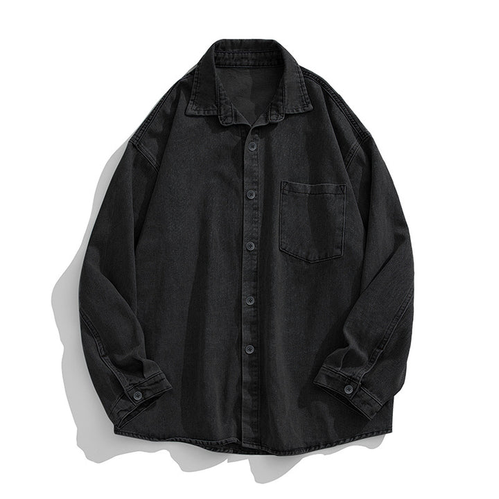 Unisex Locker geschnittenes Denim-Hemd mit Brusttasche und abgerundetem Saum Echo Archiv