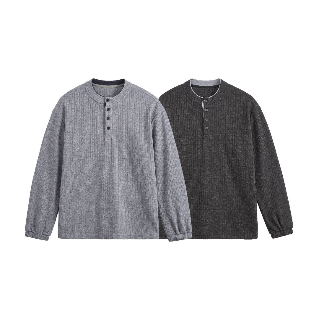 Herren Rippstruktur-Henley-Pullover mit Stehkragen und Knopfleiste Echoarchiv