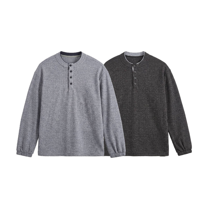 Herren Rippstruktur-Henley-Pullover mit Stehkragen und Knopfleiste Echoarchiv