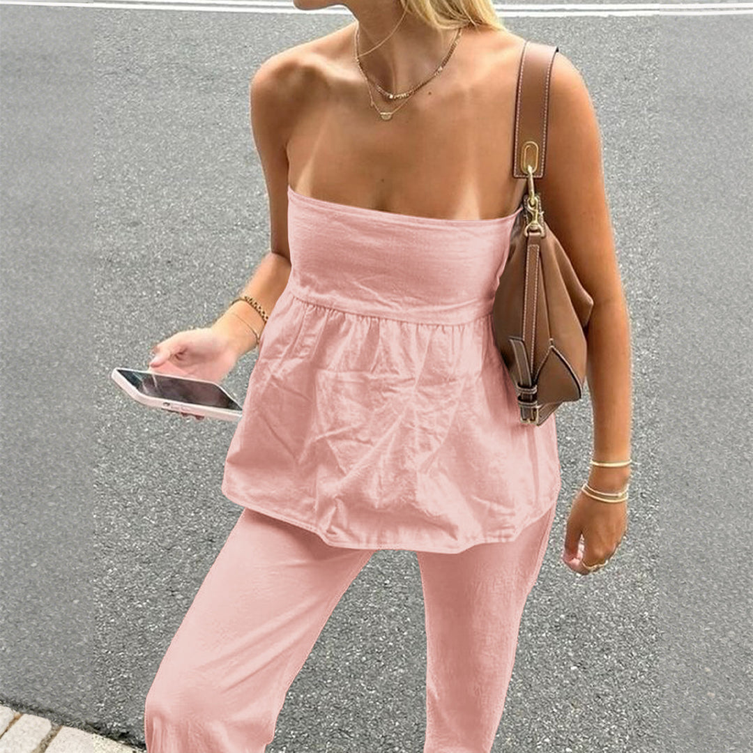 Damen Lässiges Zweiteiliges Set mit trägerlosem Top und weitem Hosen Echo Archiv