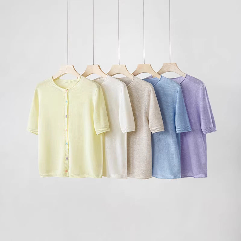 Damen Kurzarm-Feinstrick-Cardigan mit Rundhalsausschnitt & feiner Knopfleiste Echo Archiv
