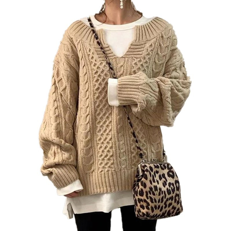 Damen nan weit geschnittener Strickpullover mit Zopfmuster und V-Ausschnitt Echo Archiv