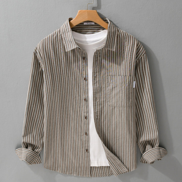 Herren Leichtes gestreiftes Hemd‑Overshirt aus Leinen‑Baumwollmix mit Relaxed‑Fit und aufgesetzter Brusttasche Echoarchiv