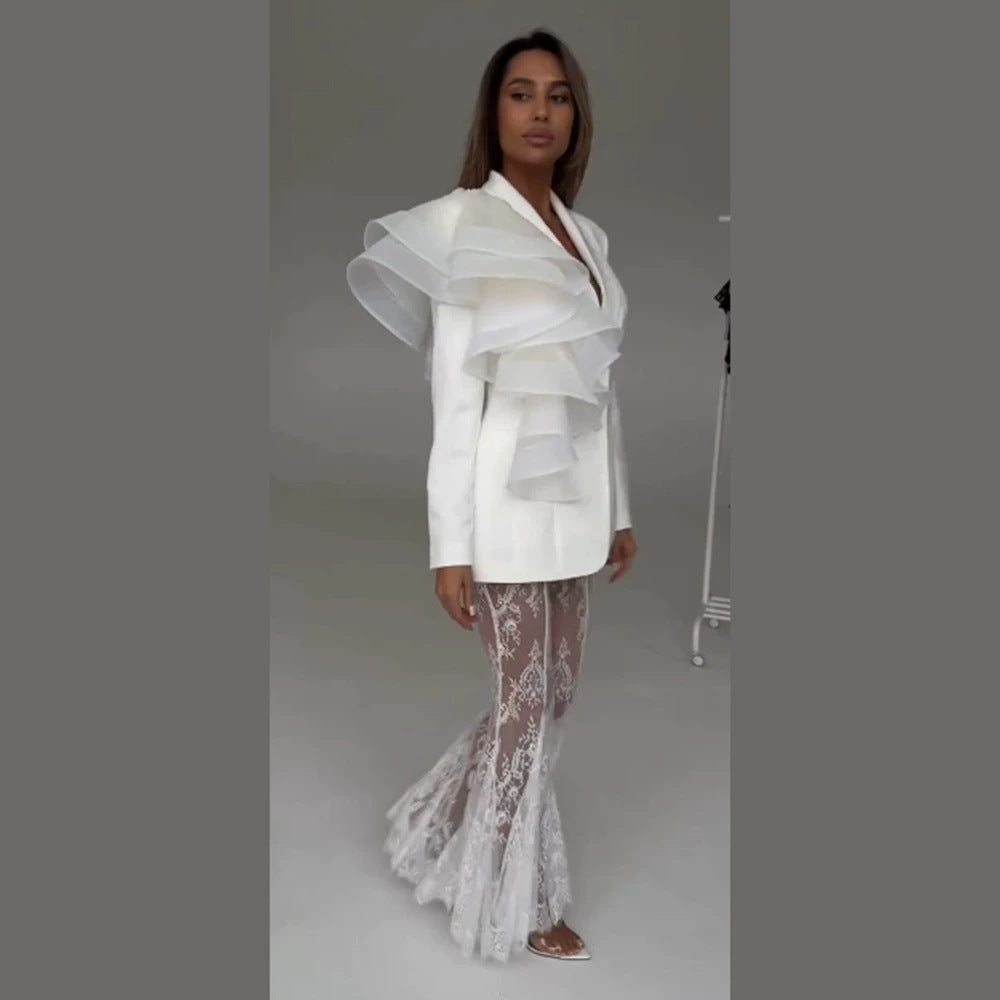 Damen taillierter Blazer mit asymmetrischer Organza-Rüsche Echoarchiv