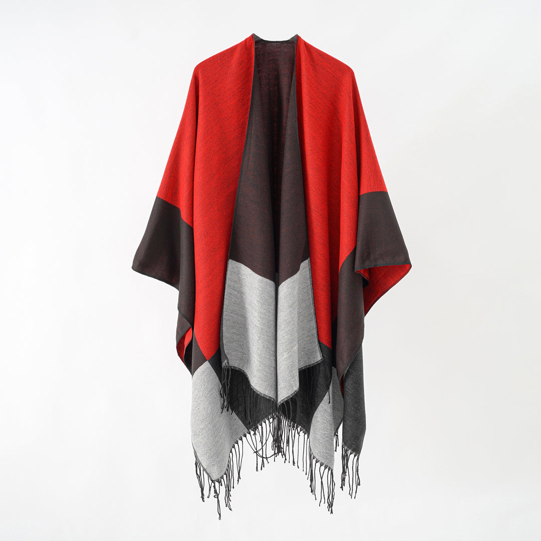 Damen Oversize-Ruana aus Wollmix mit Farbblock‑Design und Fransen Echo Archiv