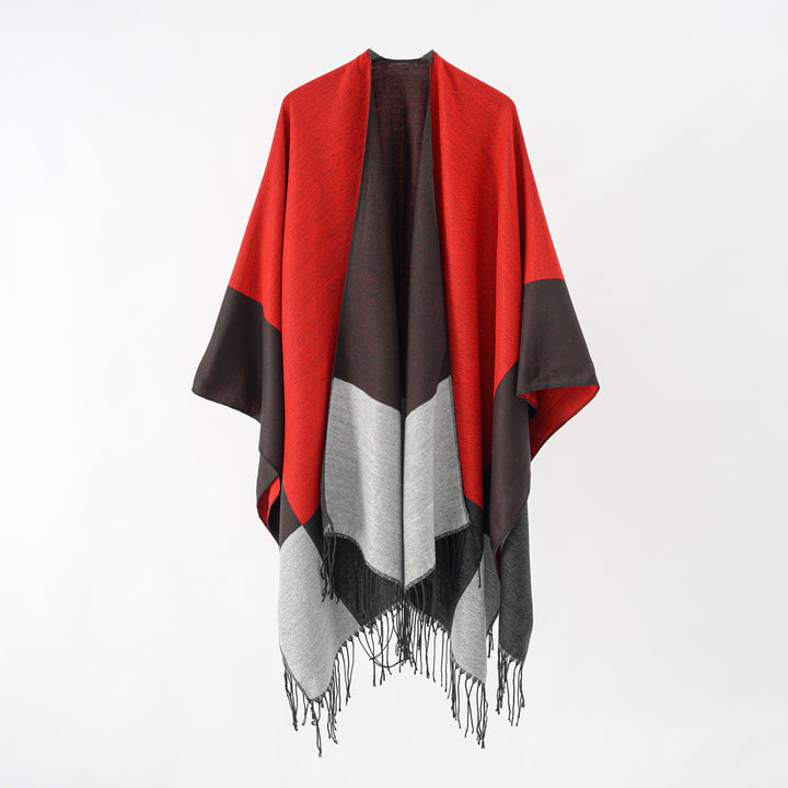 Damen Oversize-Ruana aus Wollmix mit Farbblock‑Design und Fransen Echo Archiv