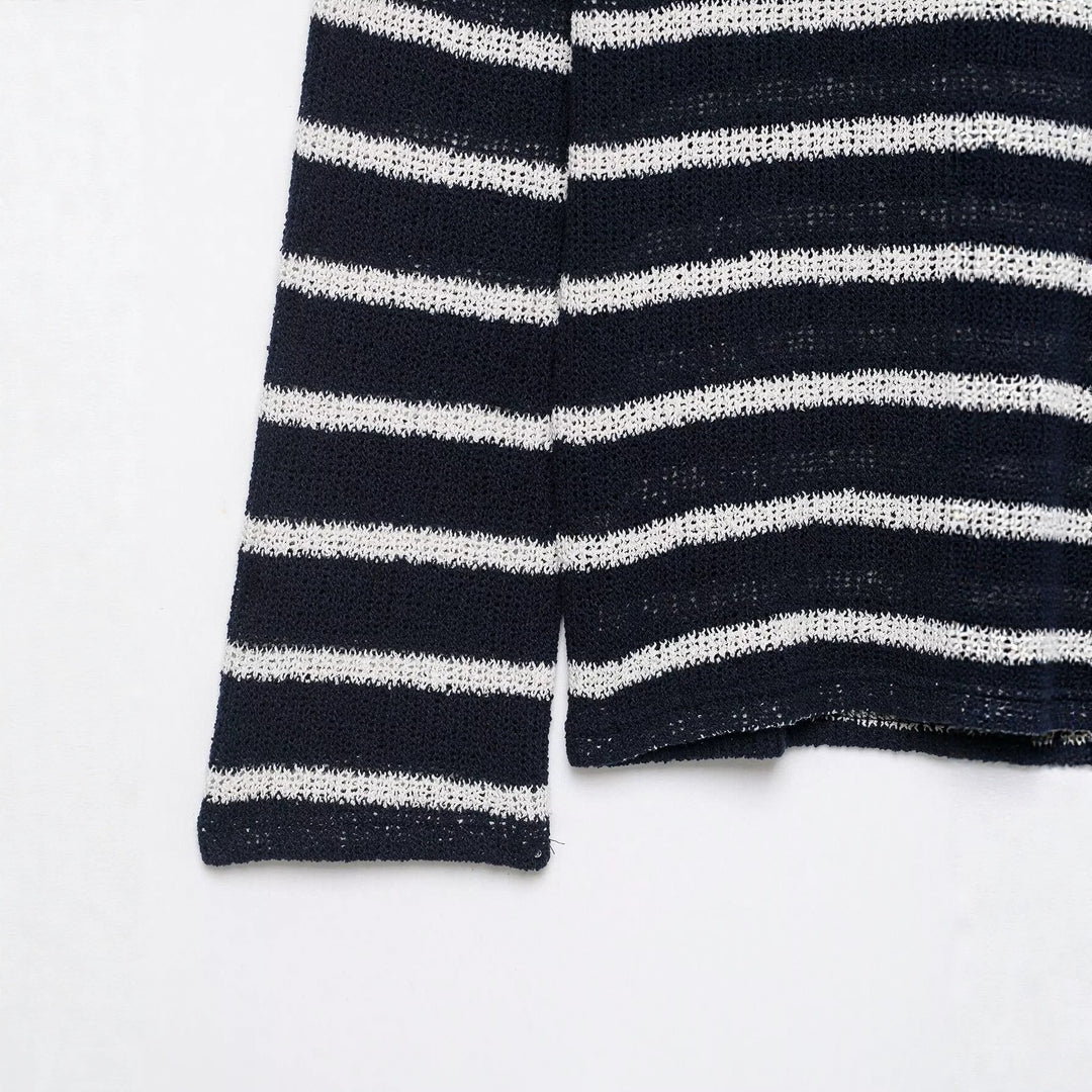 Damen Gestreifter Strick-Henleypullover mit Knopfleiste und Leichtstruktur Echo Archiv