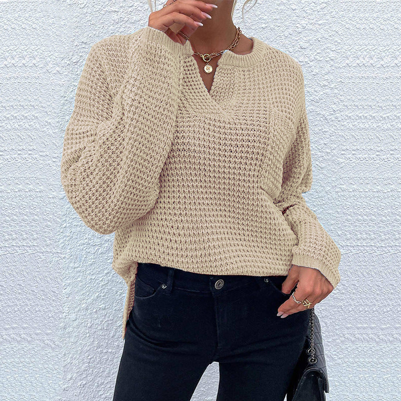 Damen Waffelstrick-Pullover mit V-Schlitz, oversized Schnitt und Ballonärmeln Echo Archiv