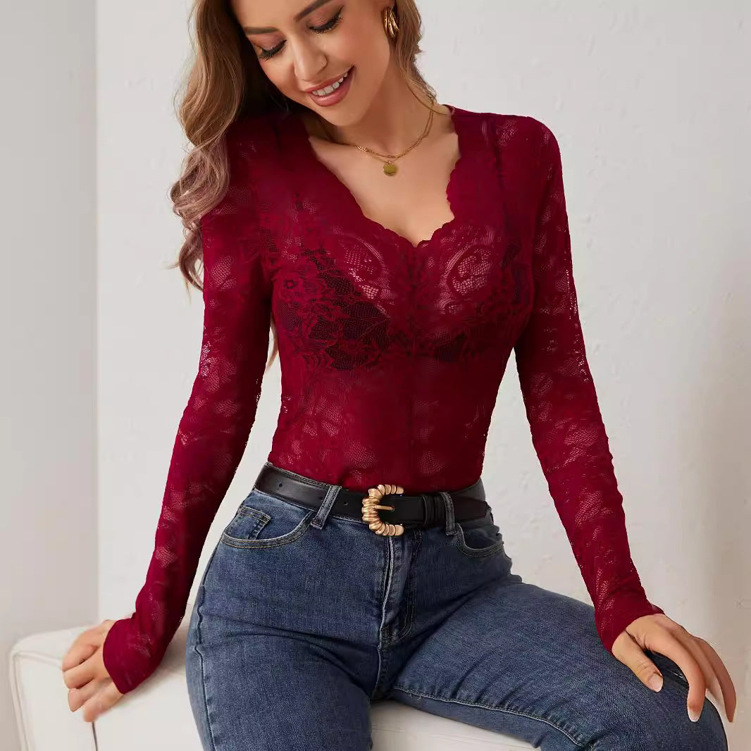 Damen nan transparenter Spitzenbody mit tiefem V-Ausschnitt und geformten Cups Echo Archiv
