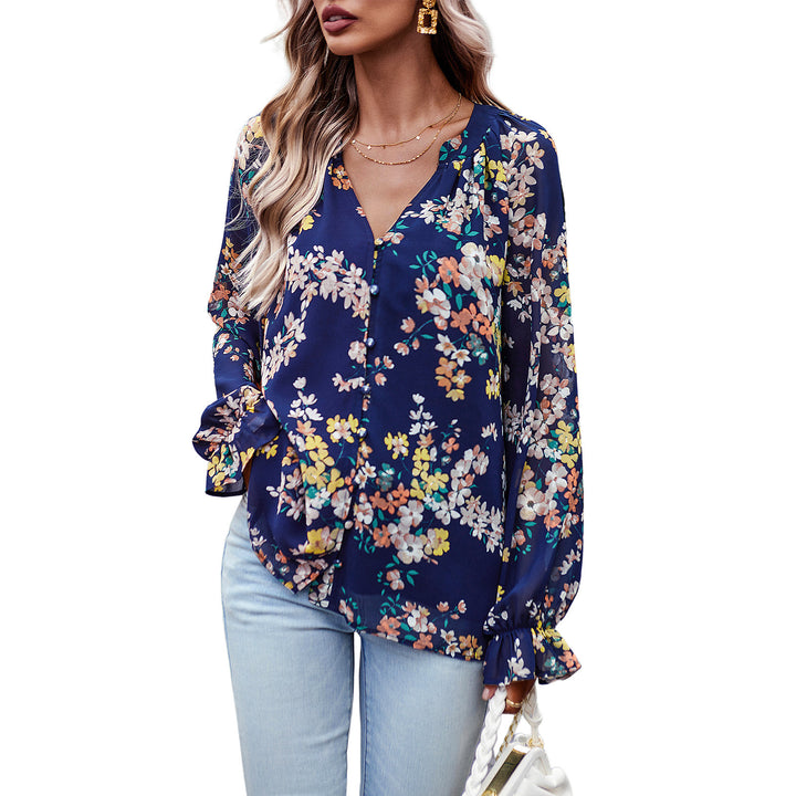Damen nan Chiffon-Bluse mit floralem Alloverprint, V-Ausschnitt, Knopfleiste und gebundenen Manschetten Echo Archiv