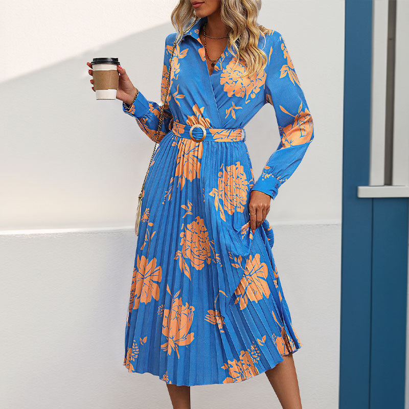 Damen Plissiertes Hemdblusenkleid mit Wickel‑V‑Ausschnitt, Taillengürtel und floralem Print Echoarchiv