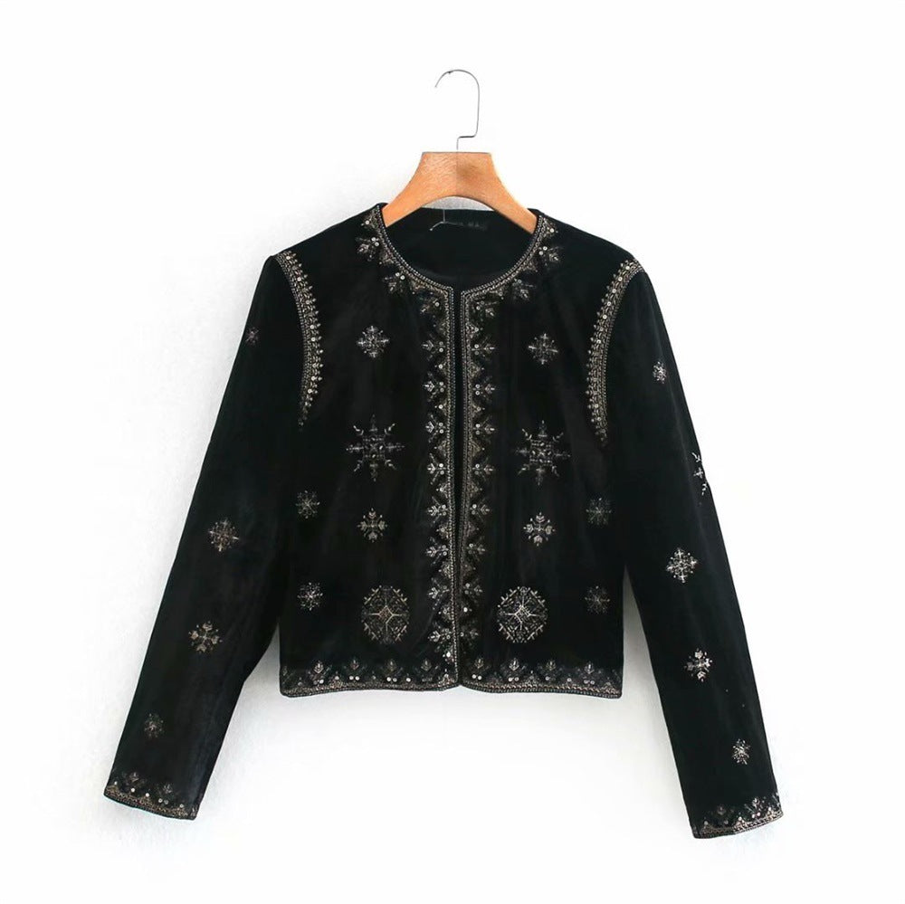 Damen Samt-Kurzjacke mit ornamentaler Perlen- und Zierstickerei Echoarchiv