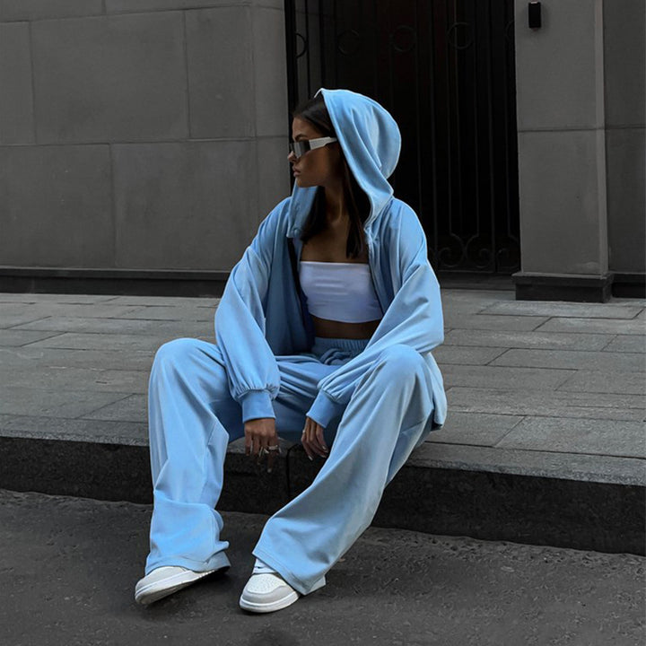 Damen nan luxuriöses Velours-Zweiteiler Set mit kurzem Reißverschluss-Hoodie und weiten Highwaist-Loungehosen Echo Archiv