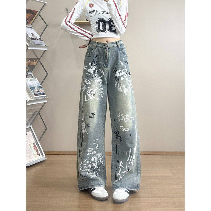 Damen Stylische Oversized Jeans mit grafischem Print Echoarchiv