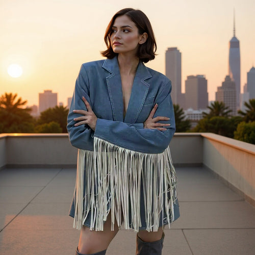 Damen Oversize-Blazer mit langen Fransen und Ziernähten Echo Archiv