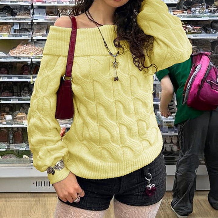 Damen schulterfreier Grobstrickpullover mit Zopfmuster, weitem Armaufschlag und elastischem Rippenbund – Mavelle