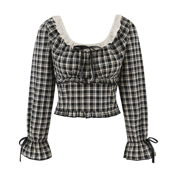 Damen Karierte Cropped-Bluse mit eckigem Ausschnitt, Spitzenbesatz und geraffter Taille Echo Archiv