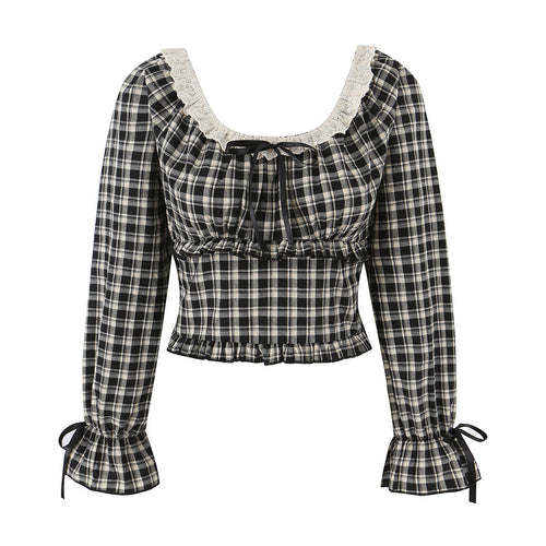 Damen Karierte Cropped-Bluse mit eckigem Ausschnitt, Spitzenbesatz und geraffter Taille Echo Archiv