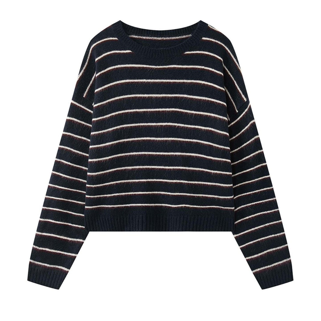 Damen Streifenpullover aus Mohair‑Optik mit überschnittener Schulter und geripptem Saum Echoarchiv