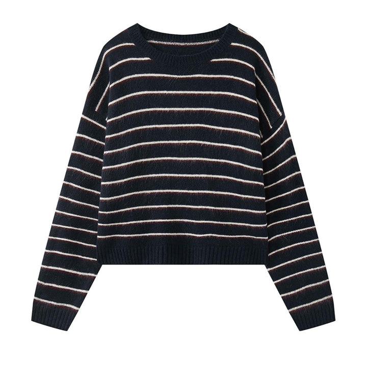 Damen Streifenpullover aus Mohair‑Optik mit überschnittener Schulter und geripptem Saum Echoarchiv