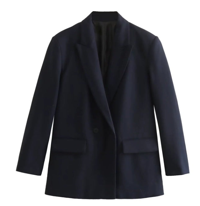 Damen 100+ geradliniger Longline Blazer mit Reverskragen, doppelreihiger Optik und Pattentaschen Echo Archiv