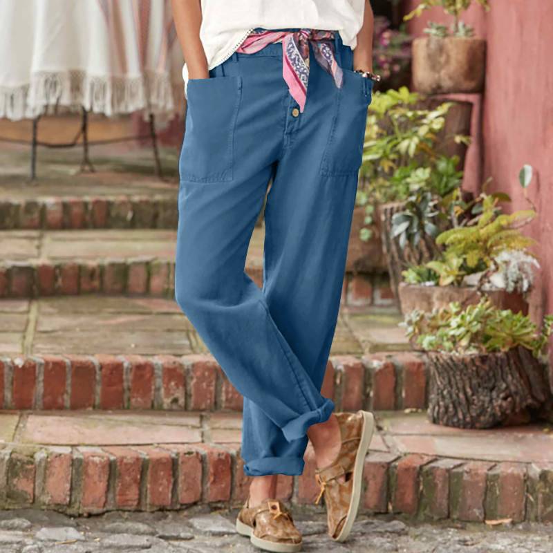 Damen nan Leinen-Baumwoll-Loungehose mit weitem Schnitt, hoher Bund und aufgesetzten Taschen Echo Archiv