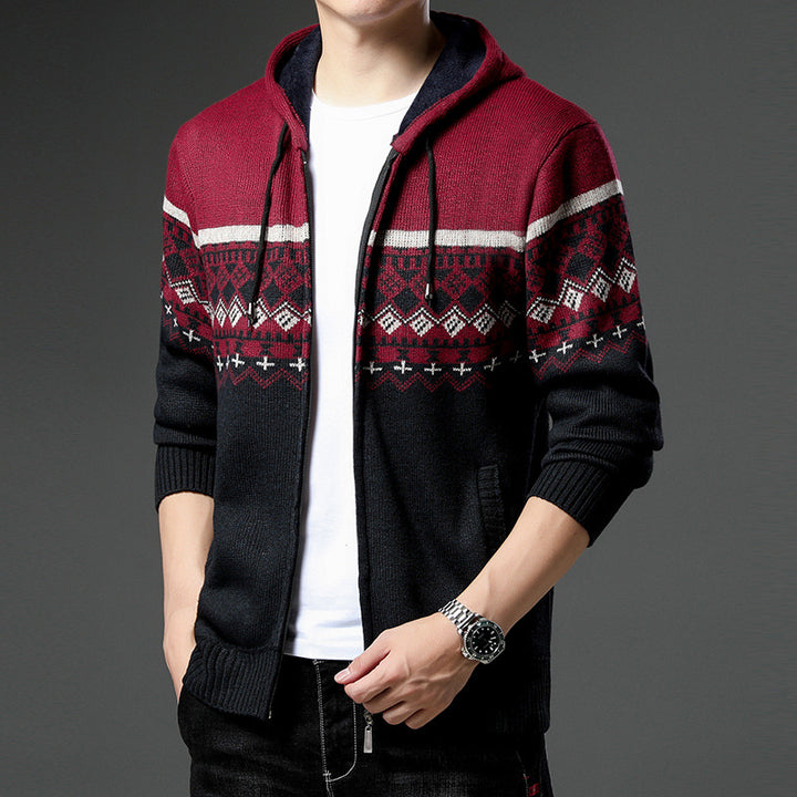 Herren gemusterte Strickjacke mit Kapuze und komfortablem Schnitt Echoarchiv