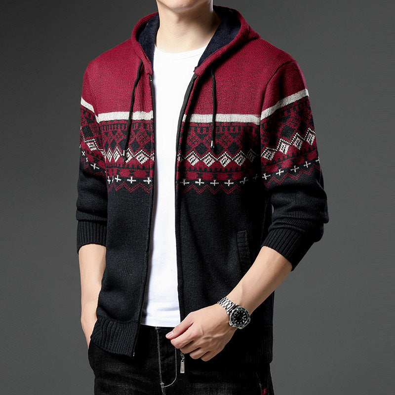 Herren Strick-Zip-Hoodie mit Norwegermuster, Kapuze und Eingrifftaschen Echo Archiv