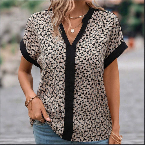 Damen nan leichte kastige Bluse in Krepp-Optik mit V-Ausschnitt und Kontrastpaspel Echo Archiv