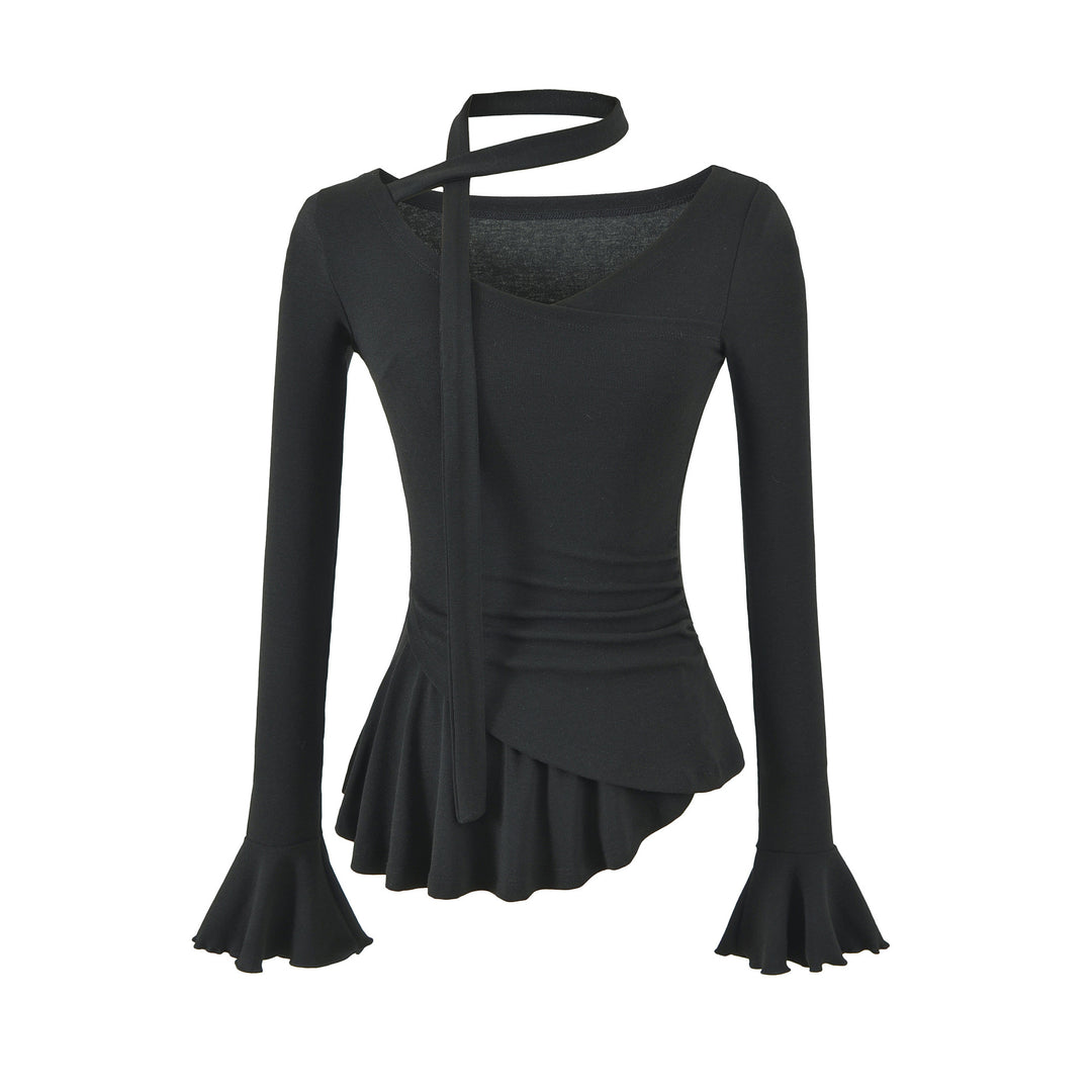 Damen Asymmetrisches tailliertes Langarm-Top mit Wickelschal, ausgestellten Volantärmeln und Stufenpeplum Echoarchiv