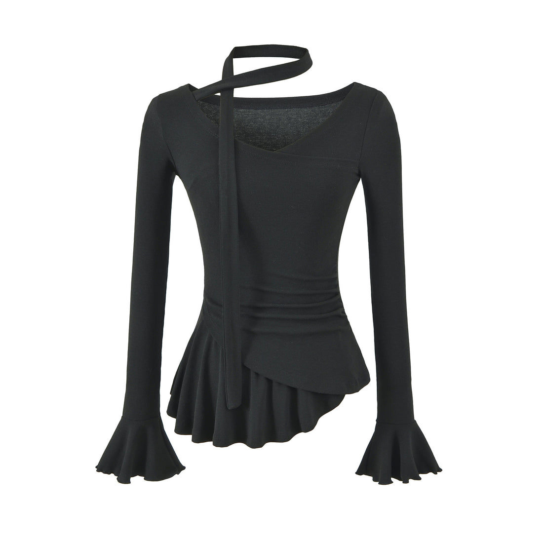 Damen Asymmetrisches tailliertes Langarm-Top mit Wickelschal, ausgestellten Volantärmeln und Stufenpeplum Echoarchiv