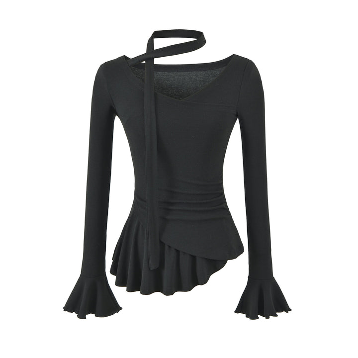 Damen Asymmetrisches tailliertes Langarm-Top mit Wickelschal, ausgestellten Volantärmeln und Stufenpeplum Echoarchiv