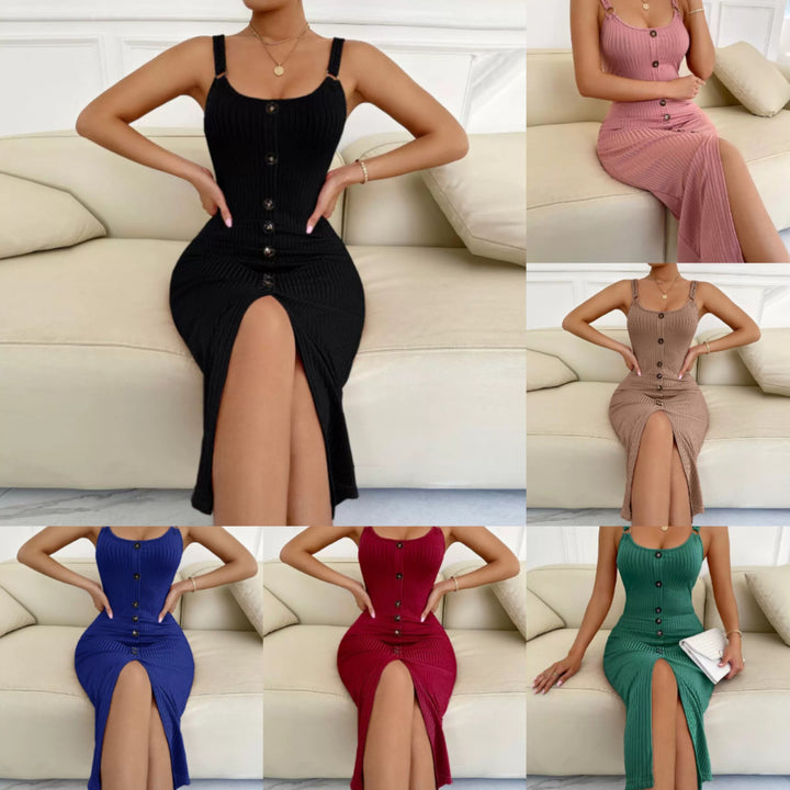 Damen knielanges figurbetontes Kleid mit Knopfleiste und Spaltung Echo Archiv