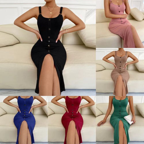 Damen knielanges figurbetontes Kleid mit Knopfleiste und Spaltung Echo Archiv