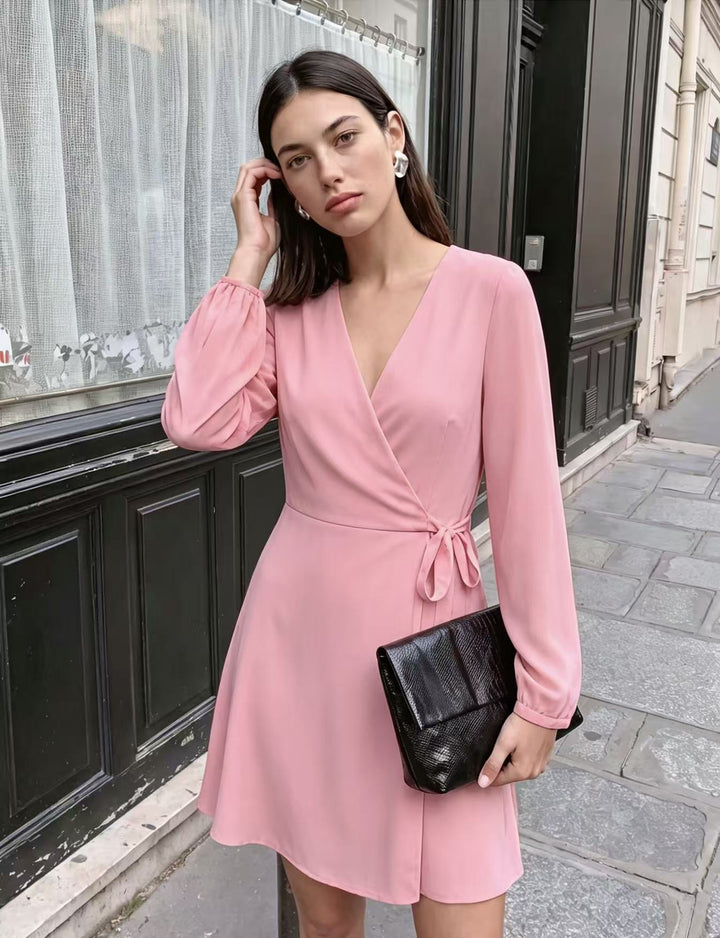 Damen Elegantes Wickel-Minikleid mit tiefem V-Ausschnitt und langen Ärmeln Echoarchiv