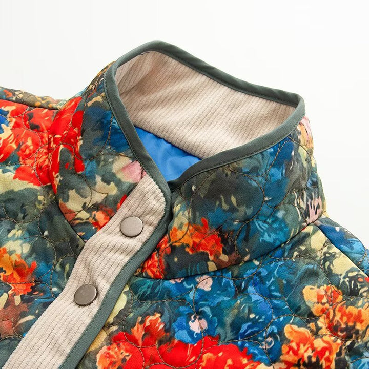 Damen gesteppte Blousonjacke mit abstraktem Blumenprint und Kontrastpaspel Echoarchiv