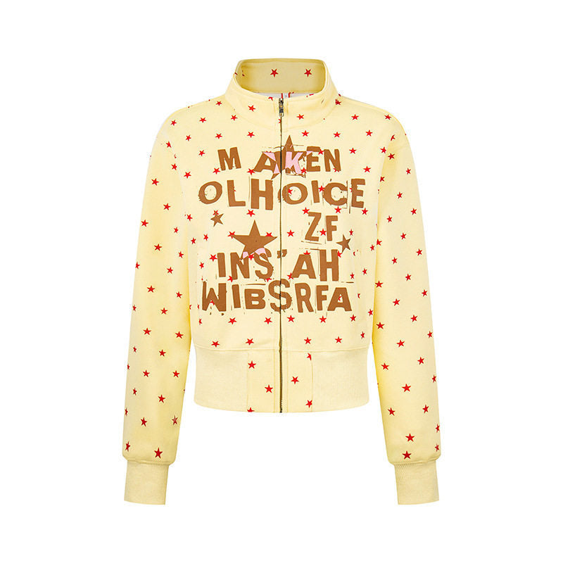 Damen Kurze Reißverschluss-Sweatjacke mit Stehkragen, Allover-Sternprint und Statement-Frontprint Echoarchiv