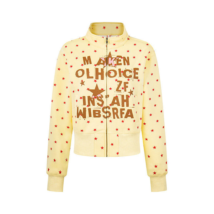 Damen Kurze Reißverschluss-Sweatjacke mit Stehkragen, Allover-Sternprint und Statement-Frontprint Echoarchiv