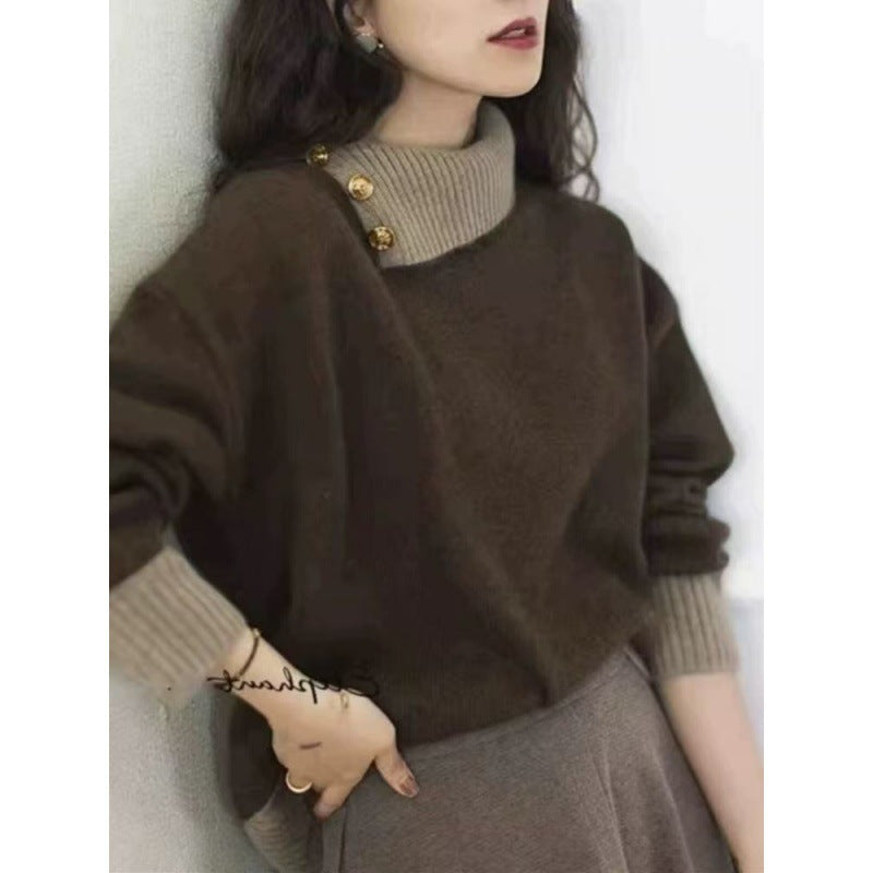 Damen Kurzgeschnitteter Pullover mit asymmetrischem Knopf‑Mockneck und Ballonärmeln Echoarchiv
