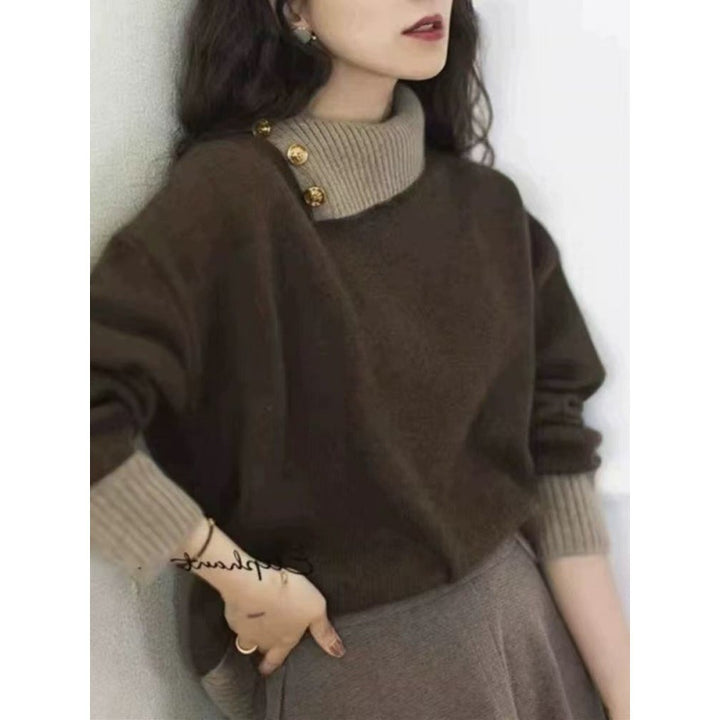 Damen Kurzgeschnitteter Pullover mit asymmetrischem Knopf‑Mockneck und Ballonärmeln Echoarchiv
