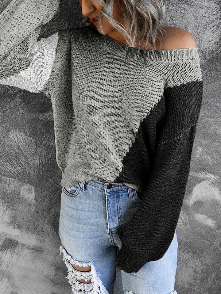 Damen Oversize Strickpullover mit Carmenausschnitt und Colorblock-Design Echoarchiv
