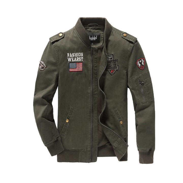 Herren Canvas-Bomberjacke mit Patchdetails, Ärmel-Utilitytasche und Rippbündchen – Brevano