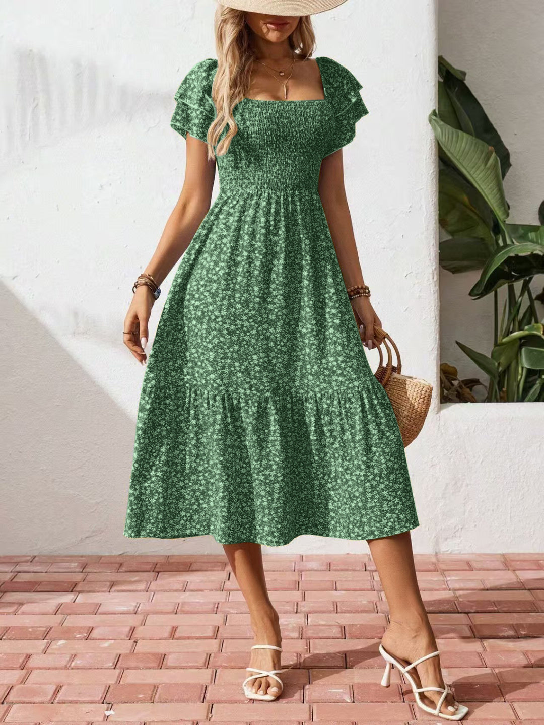 Damen Off-Shoulder Maxikleid mit floralen Mustern und elastischem Oberteil Echo Archiv