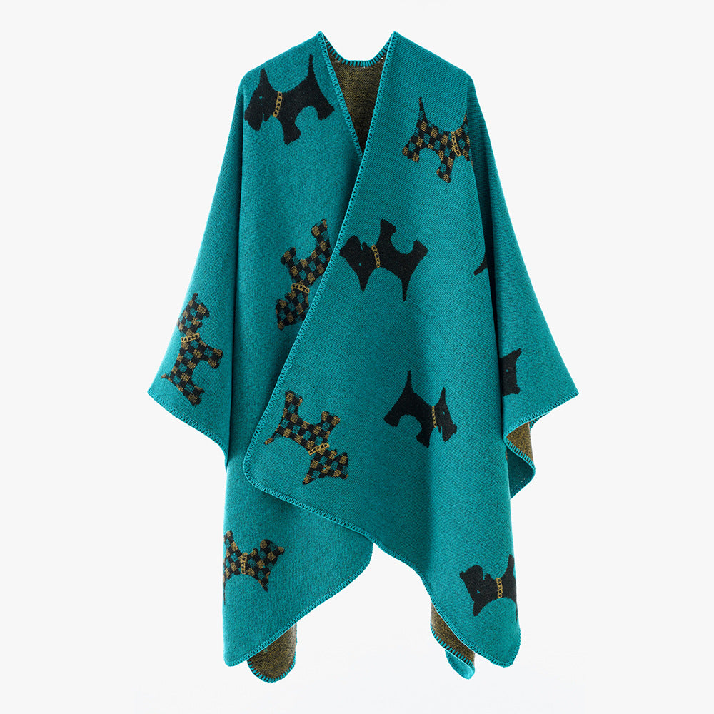 Damen Reversibler Wollmix-Umhang mit Terrier-Jacquardmuster – Avérine
